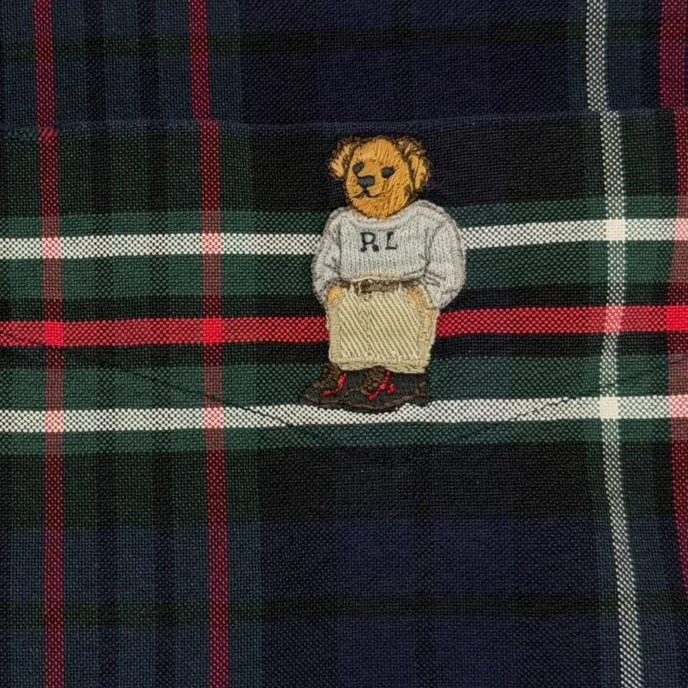 Ralph Lauren Polo Bear Plaid Shirt Mens Medium Blake Navy Green Red Button Down